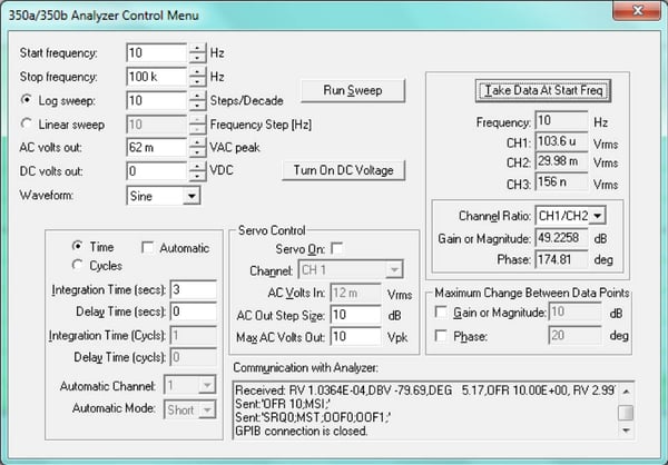 350 FRA Analyzer Control Menu