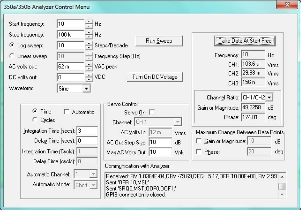 350 FRA Analyzer Control Menu